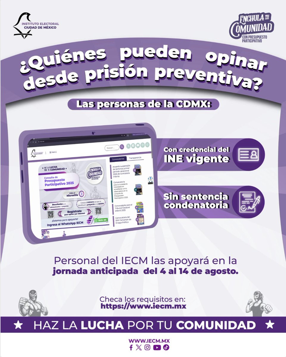 Las personas en prisión preventiva que cuenten con su credencial de elector vigente podrán participar en la jornada de opinión anticipada de la Consulta de Presupuesto Participativo, del 4 al 14 de agosto.​

¡La opinión de todas las personas cuenta!