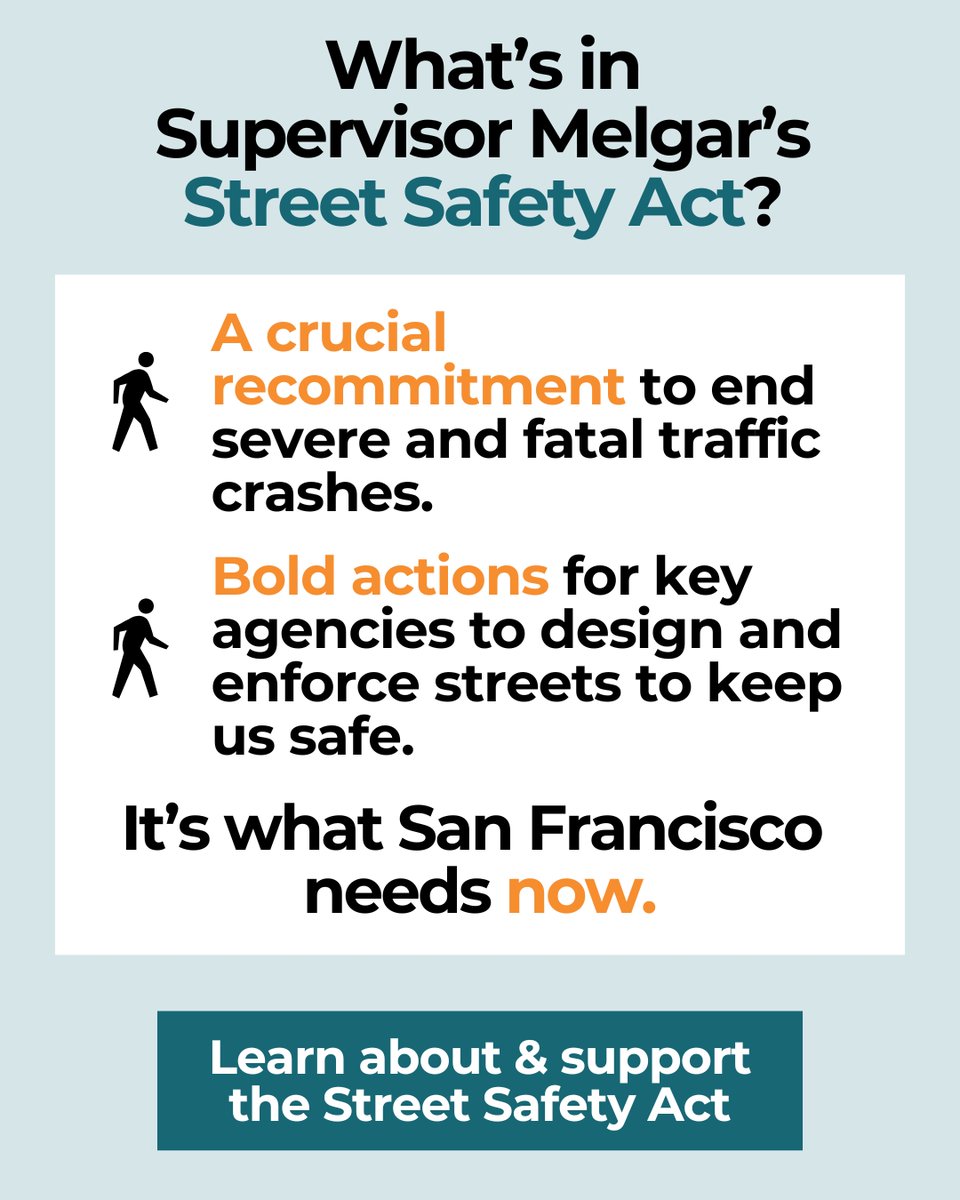 walksf's tweet image. Right now, San Francisco’s #VisionZeroSF policy is expired & the City’s last traffic safety plan is from 2021.
Thankfully, Supervisor Myrna Melgar will introduce a bold resolution – the #SFStreetSafetyAct – at the Board of Supervisors.
Read the details of what’s in it at…