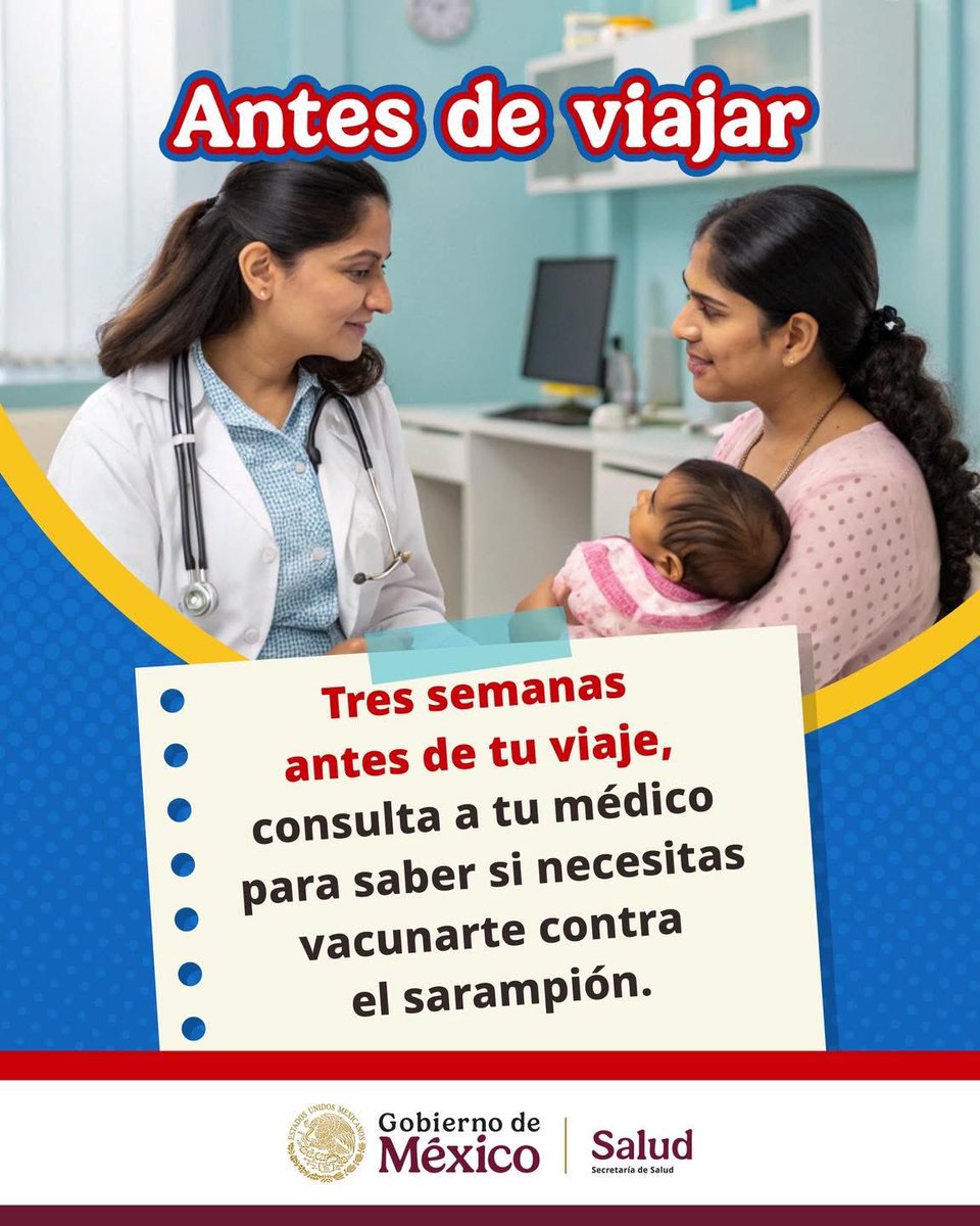 La vacunación contra el #Sarampión es la mejor forma de protegerte antes de viajar, y es importante tomar precauciones adicionales si no estás completamente vacunado o si viajas a áreas con brotes de sarampión.
#PrevenirEsSalud
