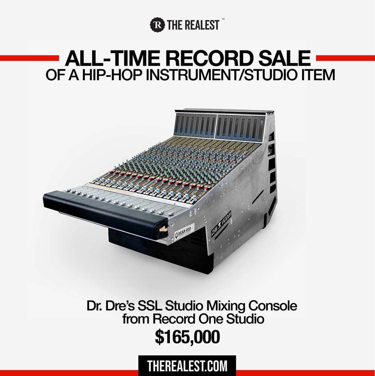 Dr. Dre’s SSL Console Sells for $165,000! 

Setting the All-Time Record for Hip-Hop Studio Gear

Used on classics by Dre, Em, Snoop, 50, Kendrick, and more, this SSL wasn’t just a mixing board, it was a time machine. A piece of sonic architecture that shaped the sound of a