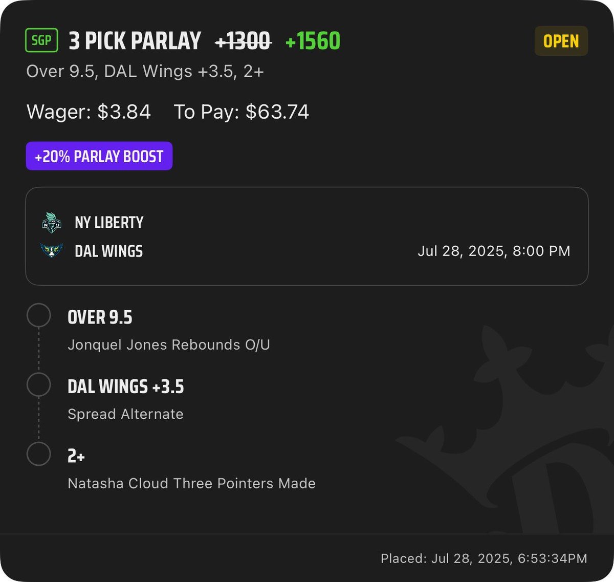 GhostEVplays's tweet image. 🏀 DraftKings WNBA SGP Boost
🏀 +1560 (FV +1287.11)
+EV: 19.69%
Playing: $3.84 Max (0.03 Units)
#draftkings #sports #wnba #basketball
