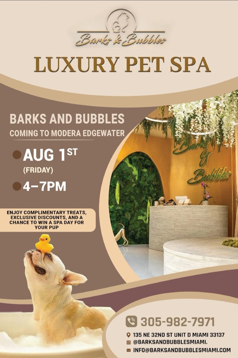 ModeraEdgewater's tweet image. 🛁 Barks &amp;amp; Bubbles! Join us 📅Friday, Aug 1st | 4 PM – 7 PM for complimentary treats, exclusive discounts, and a chance to win a spa day for your pup! 🎉🐶
#ModeraEdgewater #Resident Events #Community #EdgewaterLiving #ApartmentLiving #MiamiApartments #NowLeasing...