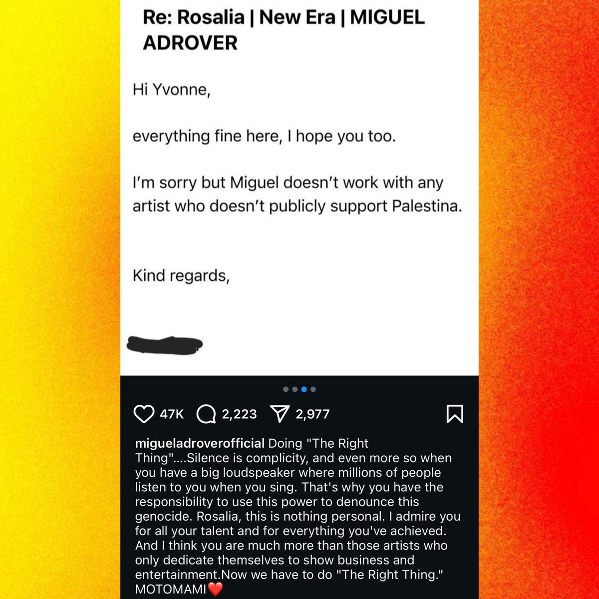 Fashion designer Miguel Adrover says he is no longer working with ROSALÍA due to her silence on Palestine:

“Silence is complicity, and even more so when you have a big loudspeaker where millions of people listen to you when you sing.”
