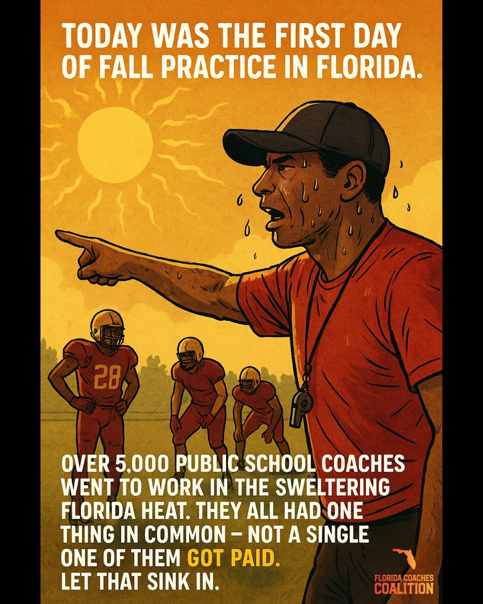 Fall practice kicked off today across Florida.

Thousands of coaches showed up before sunrise, put in the work, and endured the heat.

And here’s the reality: Not. One. Got. Paid.

This isn’t passion vs. paycheck. It’s respect vs. exploitation.

#PayFLCoaches