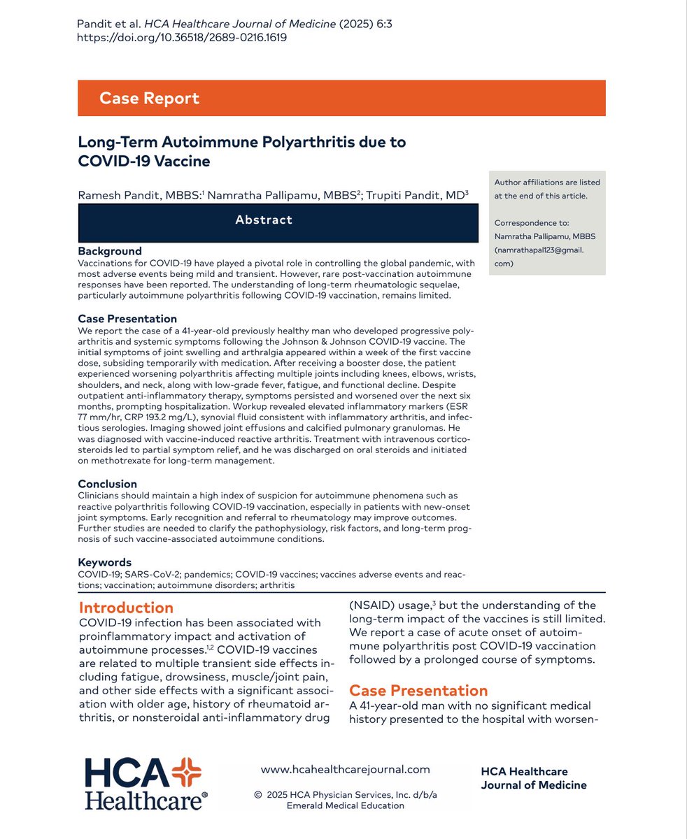 Long-Term Autoimmune Polyarthritis due to COVID-19 Vaccine:
41-year-old previously healthy man who developed progressive polyarthritis and systemic symptoms following the Johnson &amp; Johnson COVID-19 vaccine
After a booster dose, he experienced worsening polyarthritis
