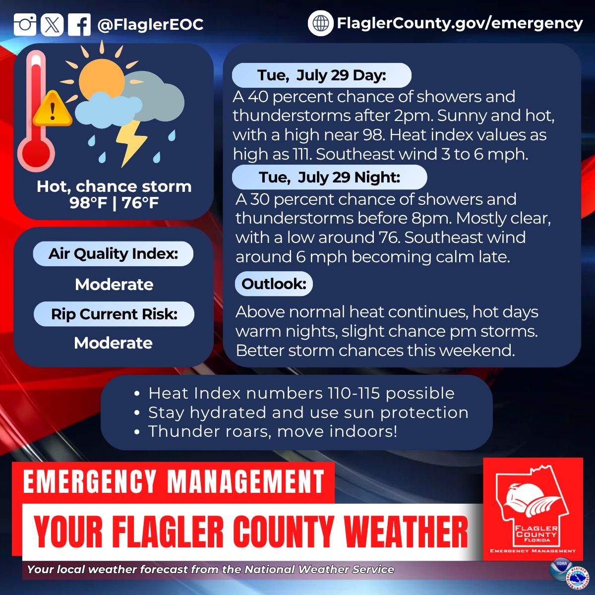 FlaglerEOC's tweet image. Your local weather forecast from the National Weather Service for Tue, July 29. For updates visit weather.gov/jax Sign up for free weather alerts at FlaglerCounty.gov/AlertFlagler #FlaglerWeather #FlaglerCounty #WeatherAlert
