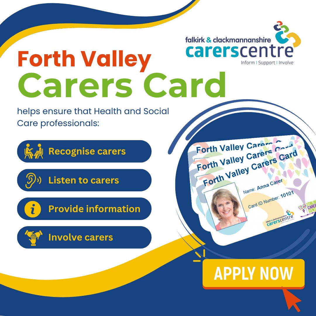 Forth Valley Carers Card was developed to ensure that carers are more easily identified by health and social care professionals and recognised and valued as equal partners in care. 
Apply now 👉form.jotform.com/CentralCarers/… (Applications may take 14 days to process.)