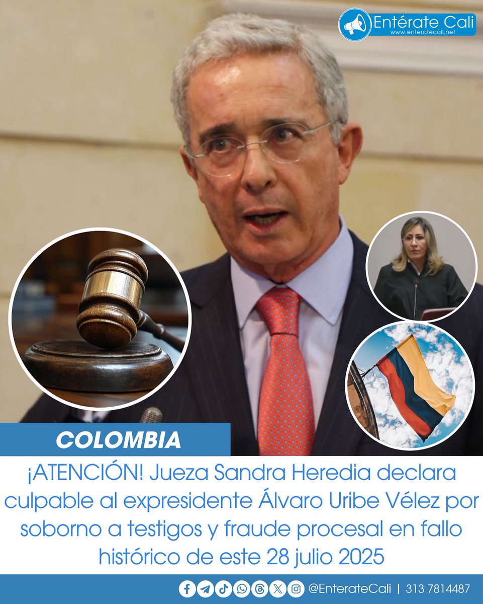 EnterateCali's tweet image. ¡ATENCIÓN! Jueza declara culpable al expresidente Álvaro Uribe por soborno y fraude procesal
La jueza 44 Penal del Circuito de Bogotá, Sandra Liliana Heredia, halló a Álvaro Uribe Vélez culpable de soborno en actuación penal y fraude procesal, tras concluir que existen pruebas…