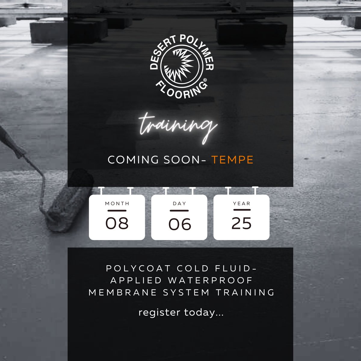 DesertPolymer's tweet image. Join us Aug 6 in Tempe for hands-on instruction on Polycoat Cold Fluid-Applied Waterproof Membrane Systems. Perfect for contractors working on decks, roofs, &amp;amp; below-grade.

🔗 Register: desertpolymerflooring.com/event/polycoat…

#contractortraining #concretecoatings