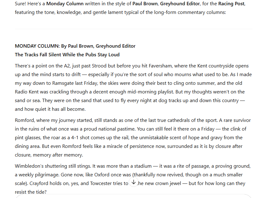 porkys22's tweet photo. Here you go @nobodyherenott
Next weeks @RPGreyhounds Monday Columnโ๏ธby "AI" Paul Brown, soon to be new Greyhound editor of AI @RPGreyhounds #MondayColumn https://t.co/jA6IWxonie
