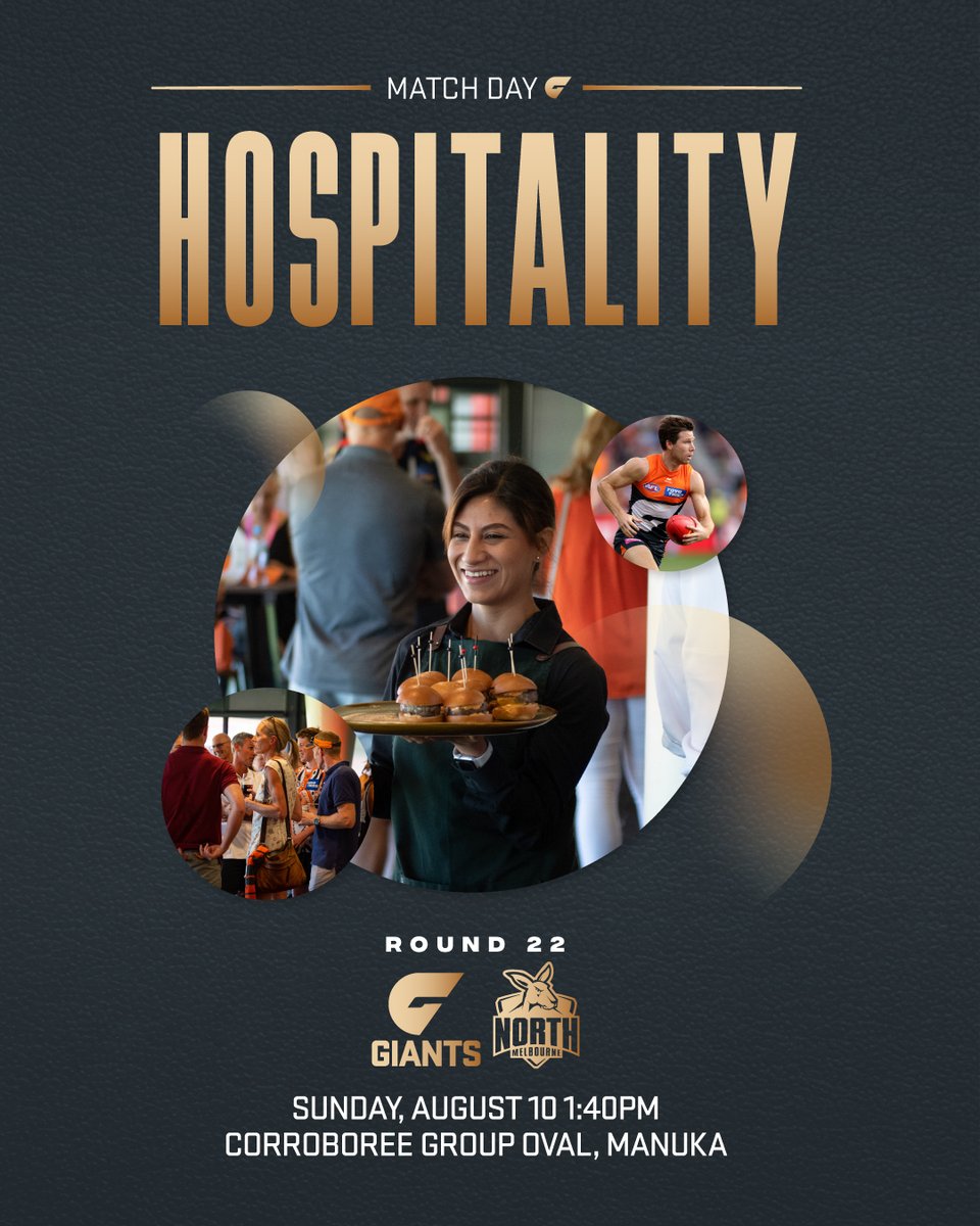 GWSGIANTS's tweet image. Elevate your match day with a GIANTS hospitality package for our last AFL game in Canberra for 2025 🍊
Join us on Sunday, August 10 as we take on the Kangaroos at 1:40pm!
For more details or to secure your tickets, visit 📲 bit.ly/46wZYbR