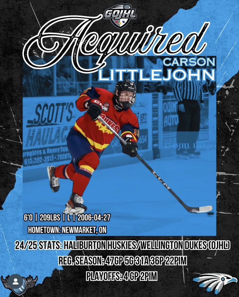 🚨We have acquired top 2006 OJHL defenceman Carson Littlejohn! Carson led all 2006 dman last season and will be a force this season!