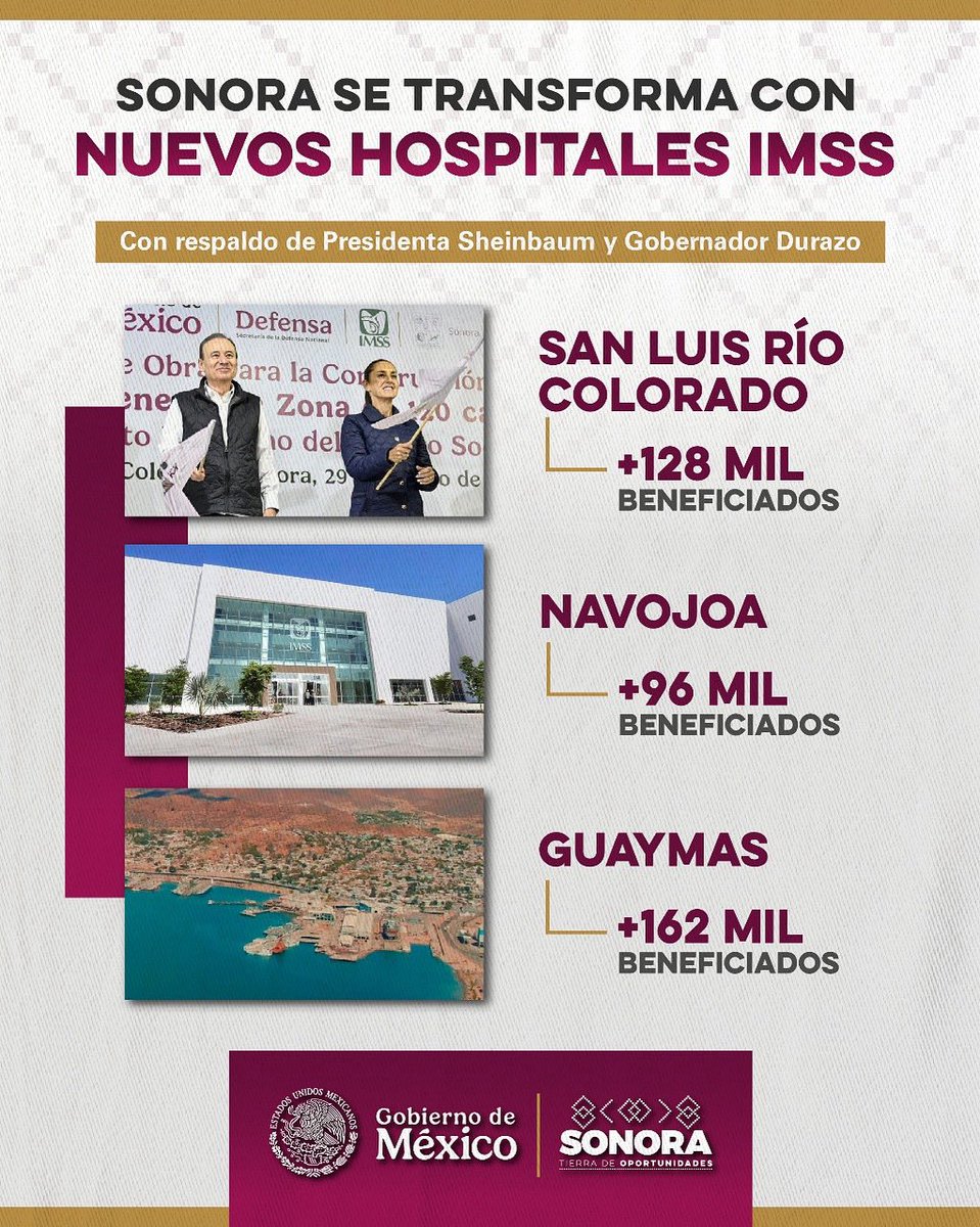 Alfonso Durazo (@alfonsodurazo) on Twitter photo Con el respaldo de nuestra Presidenta <a href="/Claudiashein/">Claudia Sheinbaum Pardo</a>, seguimos avanzando en salud con nuevos Hospitales Generales de Zona del IMSS en #SanLuisRíoColorado, #Navojoa y #Guaymas, para garantizar atención médica digna y de calidad a nuestras familias. Con el respaldo de nuestra Presidenta <a href="/Claudiashein/">Claudia Sheinbaum Pardo</a>, seguimos avanzando en salud con nuevos Hospitales Generales de Zona del IMSS en #SanLuisRíoColorado, #Navojoa y #Guaymas, para garantizar atención médica digna y de calidad a nuestras familias.
