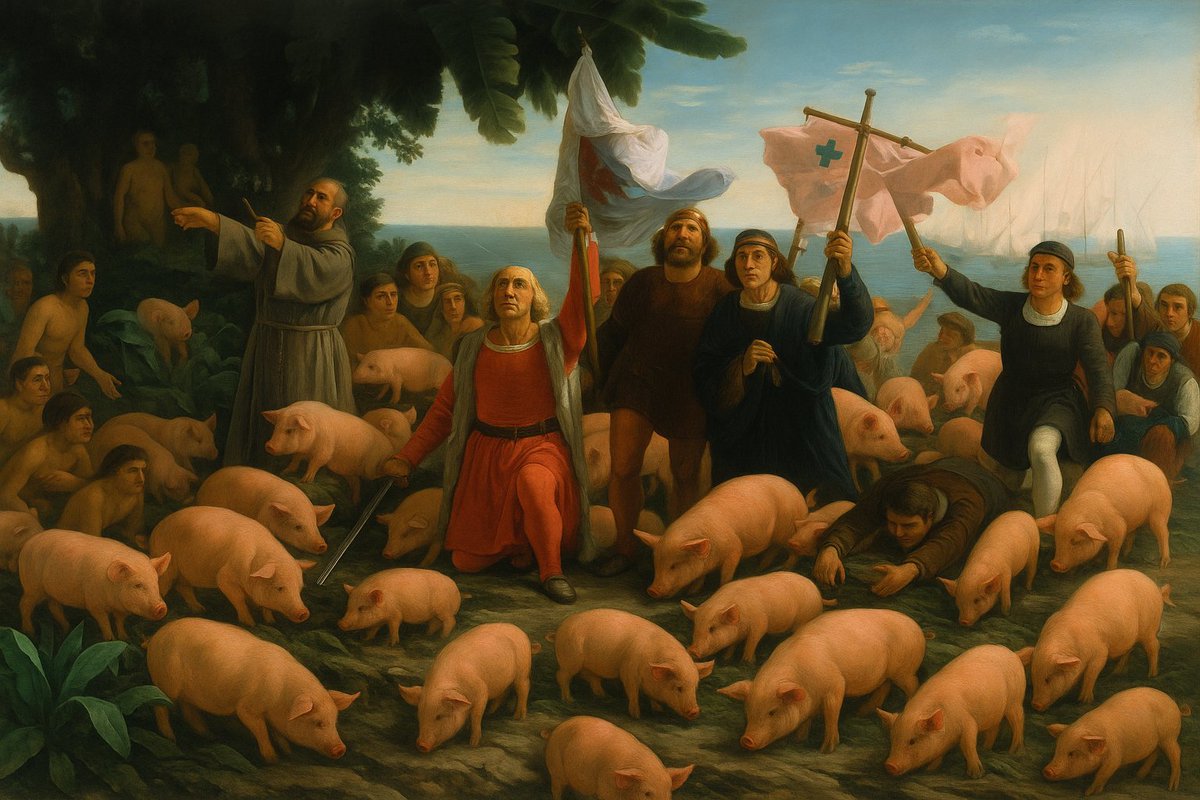 VicioNez's tweet image. Como historiador siempre me ha llamado la atención que en las representaciones de la conquista nunca aparezcan puercos.
Y sin embargo, fueron claves en la colonización de América. ¿Dónde están representadas las piaras que debieron desembarcar junto a los europeos?