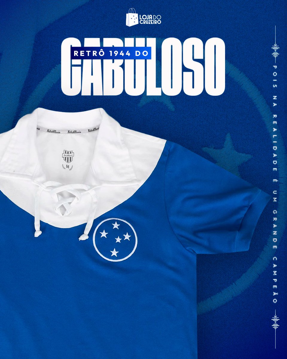Classe Celeste em cada detalhe! 💙

A Camisa Cruzeiro 1944 Retrômania é uma homenagem ao uniforme do segundo título do Tricampeonato Mineiro de 1943 à 1945! Garanta para a sua coleção!
⠀
Com gola polo, cordão ajustável e design inspirado na história do Cabuloso, ela é perfeita
