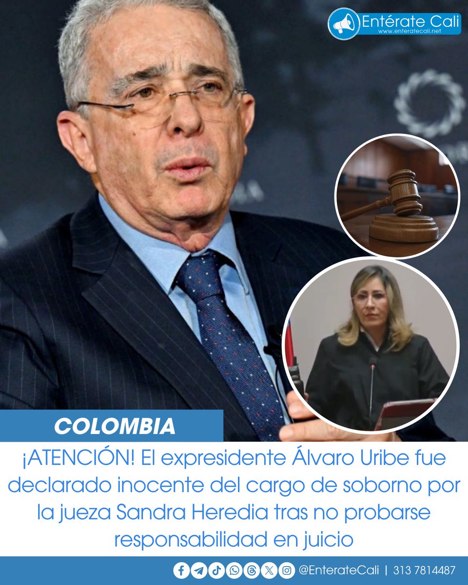 EnterateCali's tweet image. ¡ATENCIÓN! Jueza absuelve al expresidente Álvaro Uribe del cargo de soborno a testigos
La jueza 44 de conocimiento de Bogotá, Sandra Heredia, decidió absolver al expresidente Álvaro Uribe Vélez del delito de soborno a testigos por duda probatoria. ⚖️🇨🇴🧑⚖️
Según el fallo, la…
