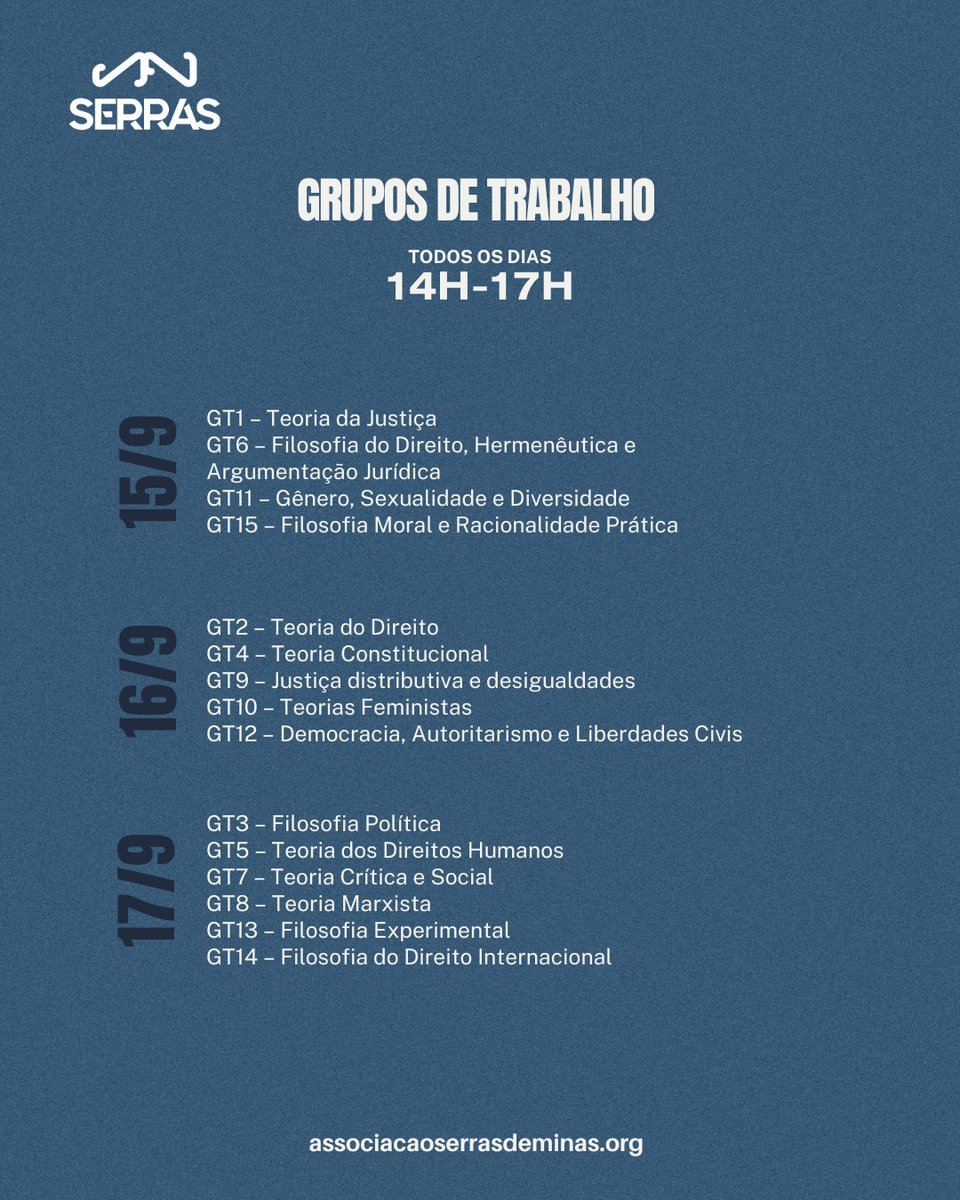 Receberemos resumos expandidos até dia 31/07, esta quinta-feira! Serão 15 Grupos de Trabalho. 

Para mais detalhes, acesse associacaoserrasdeminas.org/vii-semin%C3%A…