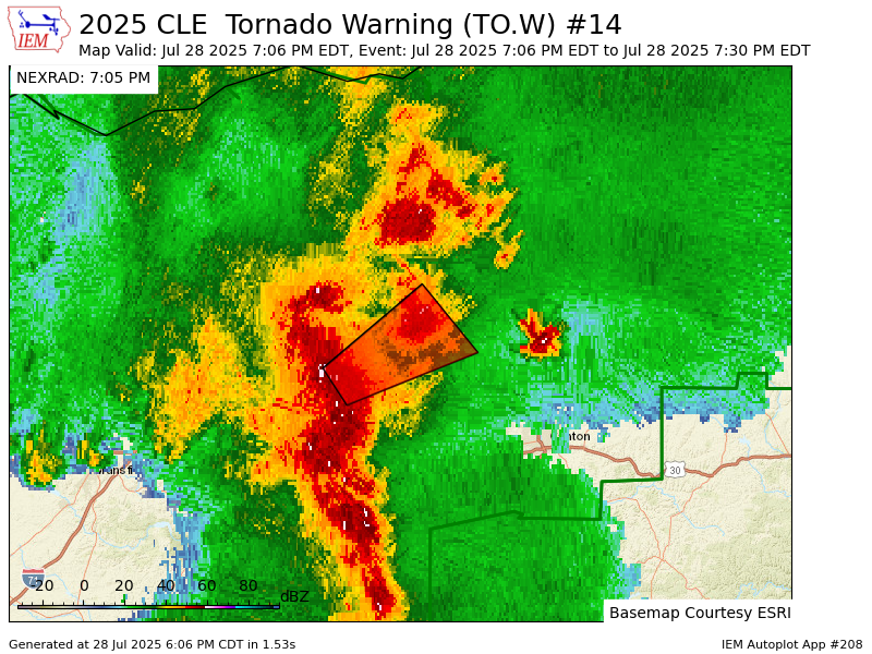 iembot_cle's tweet image. CLE issues Tornado Warning [tornado: RADAR INDICATED, hail: &amp;lt;.75 IN] for Medina, Summit, Wayne [OH] till 7:30 PM EDT mesonet.agron.iastate.edu/vtec/f/2025-O-…