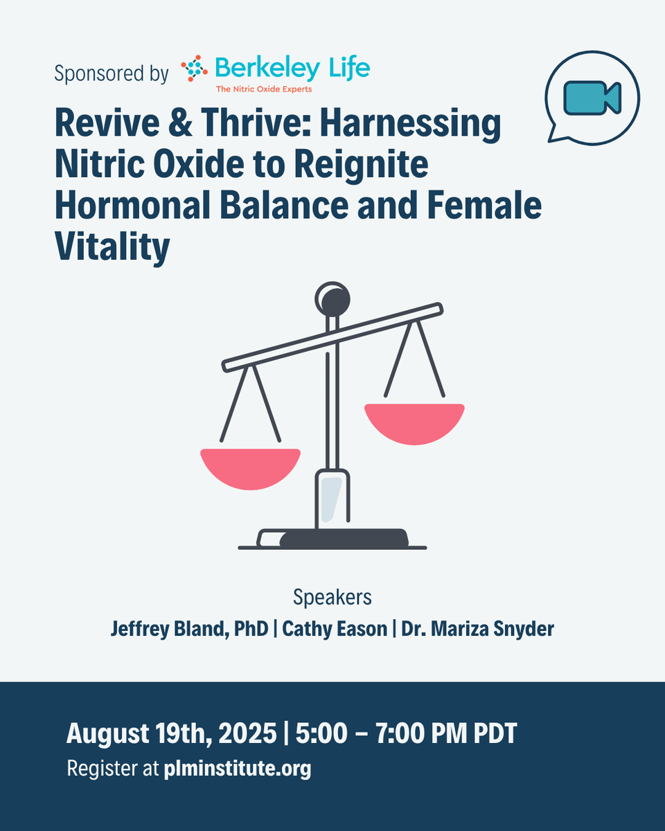 ~ DON'T MISS THIS LIVE VIRTUAL EVENT! ~

"Revive &amp; Thrive: Harnessing Nitric Oxide to Reignite Hormonal Balance and Female Vitality"

August 19th, 5-7 PM PDT

Dr. Jeff Bland will host TWO EXPERTS IN HORMONES and human health.

Register now!
plminstitute.org/events/revive-…

#hormonehealth