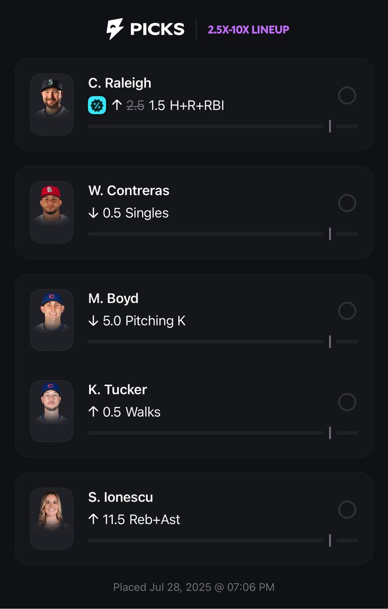 GhostEVplays's tweet image. ⚾️ Betr Picks MLB Raleigh Discount
🏀 5 Pick Dynamic
Playing: 0.10 Units
#betr #betrpicks #sports #mlb #wnba