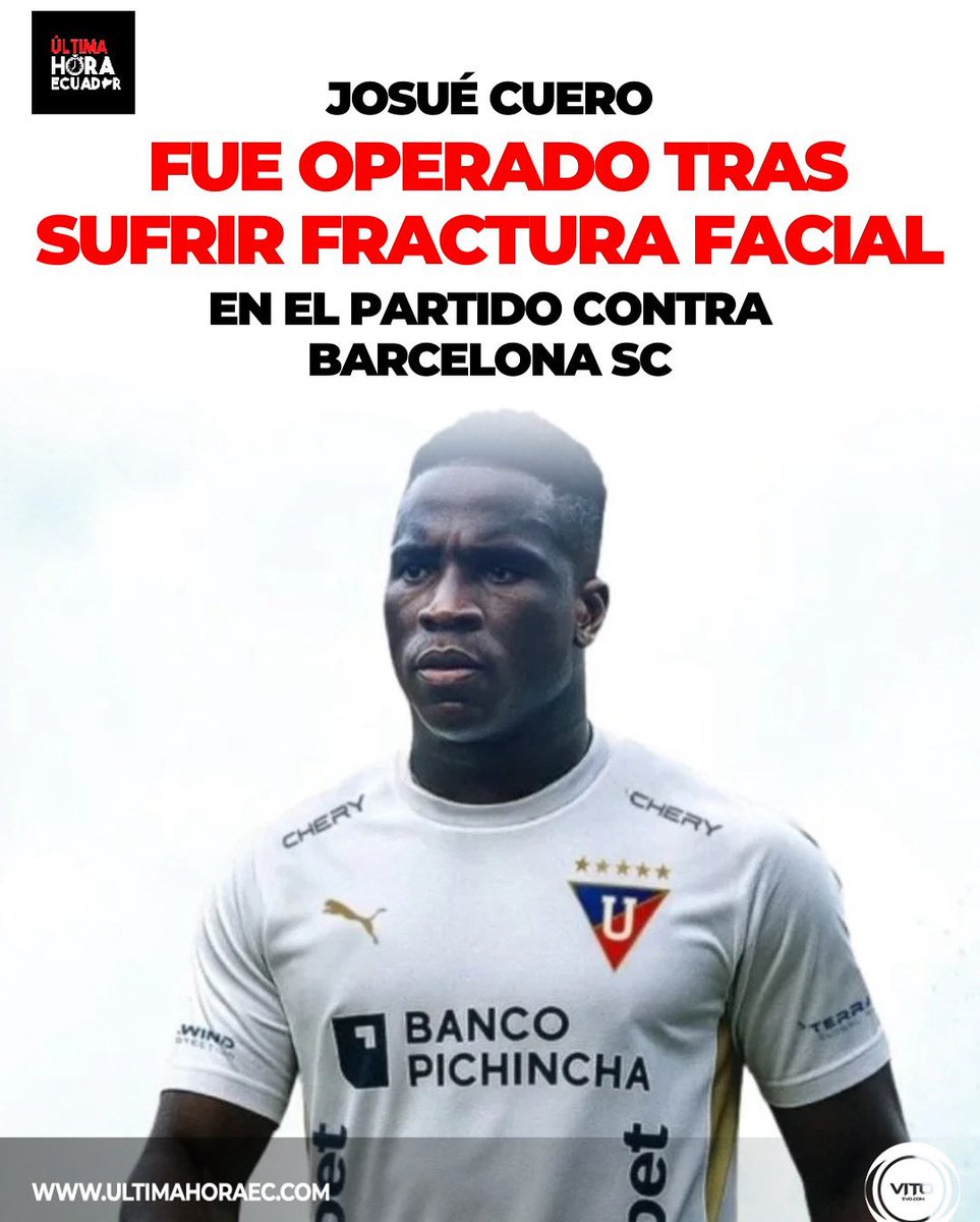 UltimaHoraEC_'s tweet image. Josué Cuero sufrió una fractura facial durante el partido contra Barcelona SC en la fecha 22 de la LigaPro y fue sometido a una operación exitosa, informó Liga de Quito. La lesión se produjo tras un choque con su compañero Ricardo Adé, lo que obligó a Cuero a salir en camilla