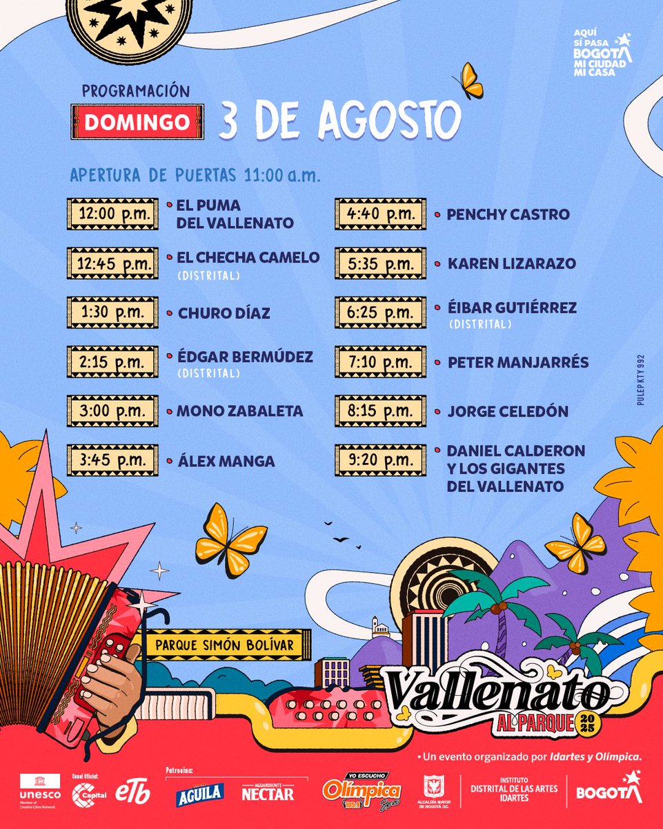 FestalParque's tweet image. 🎉 ¡Ya está disponible la programación oficial de #VallenatoAlParque2025!

📆 Consulte los horarios y artistas invitados.

🎶 Un evento organizado por Idartes y @olimpicabogota.

#BogotáAmaElVallenato #AquíSíPasa