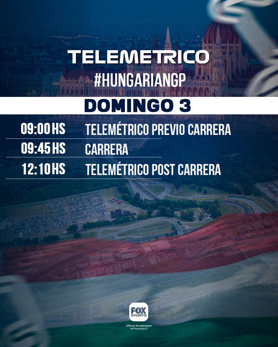#F1xFoxSports | Aquí están los horarios del #HungarianGP para el próximo fin de semana.

Seguí toda la actividad de Fórmula 1 en  <a href="/TelemetricoF1/">TELEMETRICO F1 | Adrian Puente - Oficial -</a> junto a <a href="/puenteadrian/">Adrian Puente (Oficial)</a>, <a href="/aagulla_TV/">Andres Agulla</a> y <a href="/f1andersen/">Florencia Andersen</a> en la pantalla de Fox Sports.