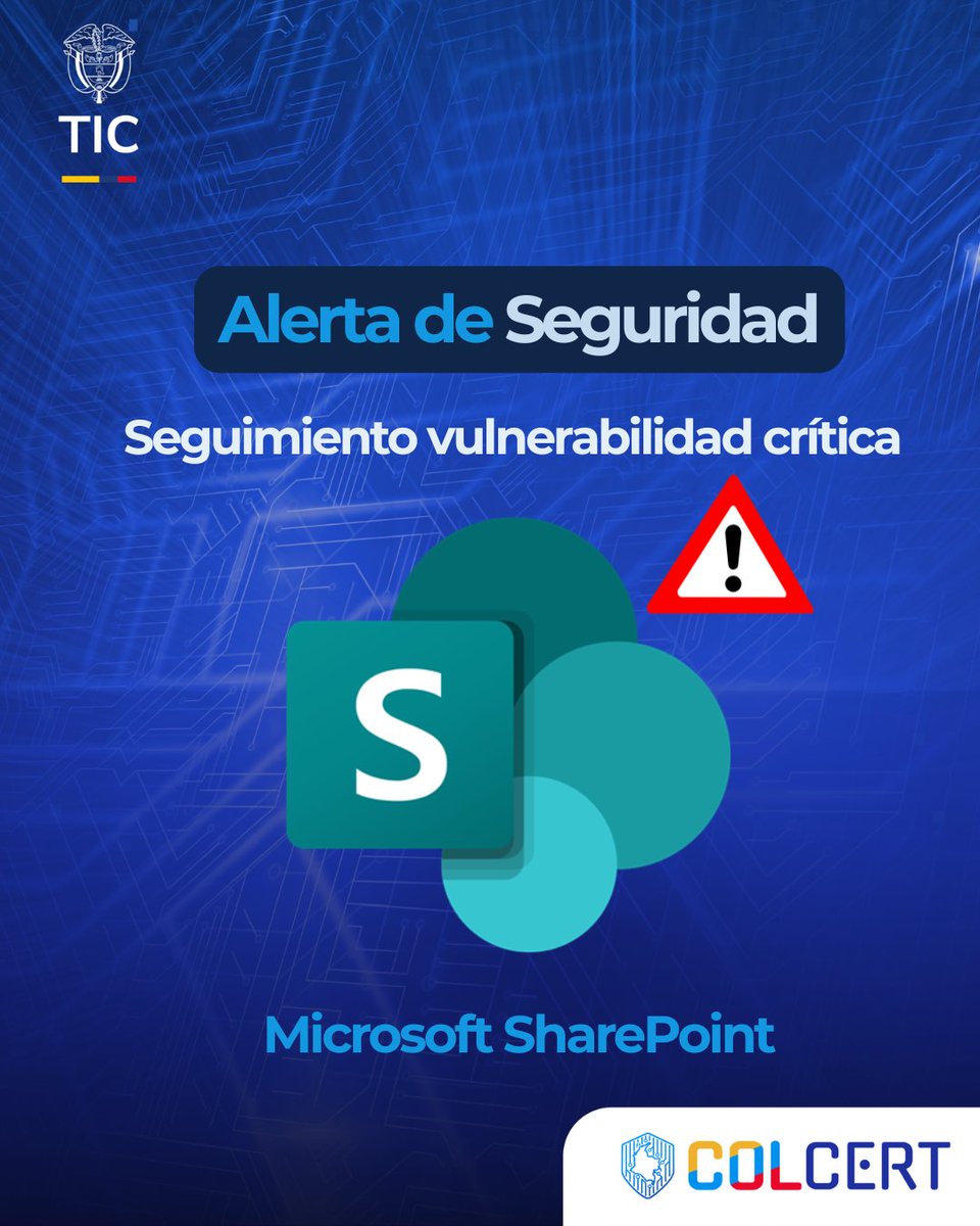 colCERT's tweet image. 🚨 ATENCIÓN 🚨El #ColCERT actualiza los Indicadores de Compromiso (IoC) por la vulnerabilidad Zero-Day en #MicrosoftSharePoint Server. 🖥️¡Valida y ajusta tu seguridad ahora! Evita incidentes.  
Consulta en:📲 colcert.gov.co/800/w3-article…
#MásPreparados #MinTIC #MásResilientes