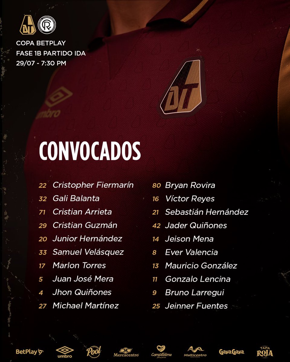 cdtolima's tweet image. #ConvocadosDT 📋 Nuestro grupo de jugadores convocados para el partido ante Real Cundinamarca, por la fase 1B de la Copa BetPlay.
¡Vamos TRIBU!