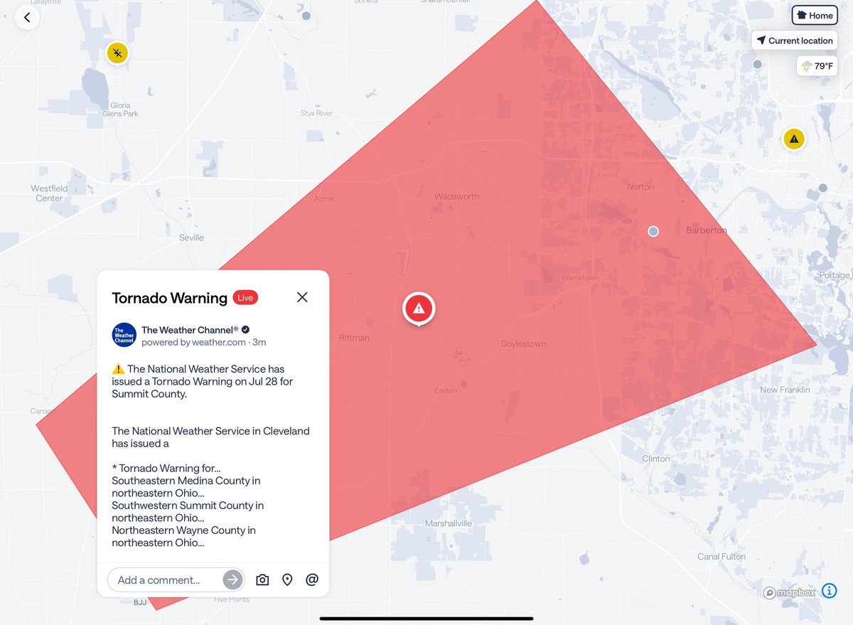The weather all day says 15% chance of rain 🌧️ at 6pm … Now this again with Tornado Warnings … What is going on?  This is in Summit County, Ohio.