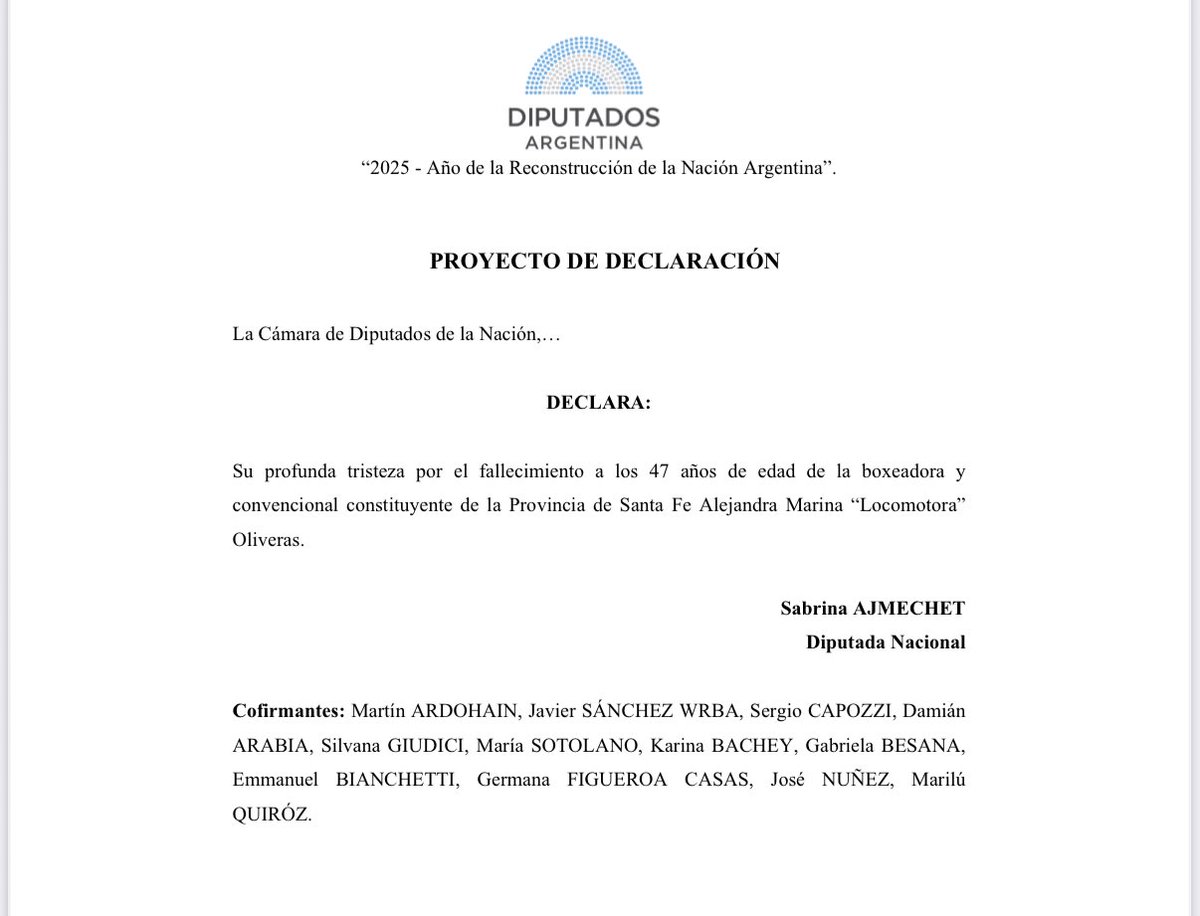 Desde el Congreso Nacional, nuestra admiración por vos y nuestro dolor por tu partida. 

Que descanses en paz, Locomotora. Gracias por ser un ejemplo para tantos.