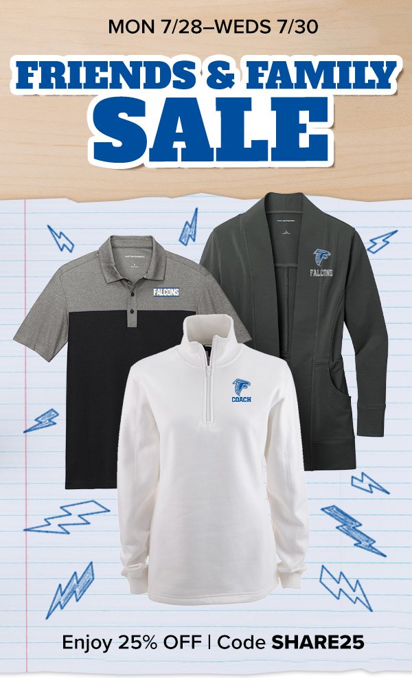 Get some new &amp; fresh Falcon gear for the start of school. Visit our online store where AHS gets money back to the school. If you use the promo code SHARE25, you get 25% off! 

#WeAreAtwater🟦⬜️ 

 sideline.bsnsports.com/schools/califo…