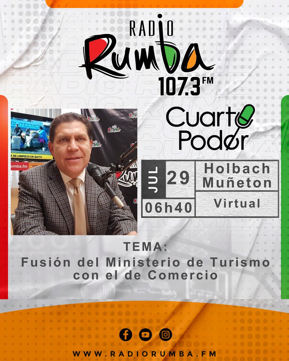 Radio Rumba 107.3 FM (@radiorumbaec) on Twitter photo 🔴 Mañana en #CUARTOPODER: Ing. Holbach Muñeton (<a href="/HMunetonZ/">Holbach Muñetón Z.</a>), Pdte. de la <a href="/fenacapturec/">FENACAPTUR</a> y Pdte. de la <a href="/capturguayas/">Camara de Turismo</a>, con el tema: "Fusión del Ministerio de Turismo con el de Comercio"
🕕 06h40 | 107.3 FM #RadioRumba
#Turismo #FusionMinisterios #CamaraTurismo #Ecuador 🔴 Mañana en #CUARTOPODER: Ing. Holbach Muñeton (<a href="/HMunetonZ/">Holbach Muñetón Z.</a>), Pdte. de la <a href="/fenacapturec/">FENACAPTUR</a> y Pdte. de la <a href="/capturguayas/">Camara de Turismo</a>, con el tema: "Fusión del Ministerio de Turismo con el de Comercio"
🕕 06h40 | 107.3 FM #RadioRumba
#Turismo #FusionMinisterios #CamaraTurismo #Ecuador