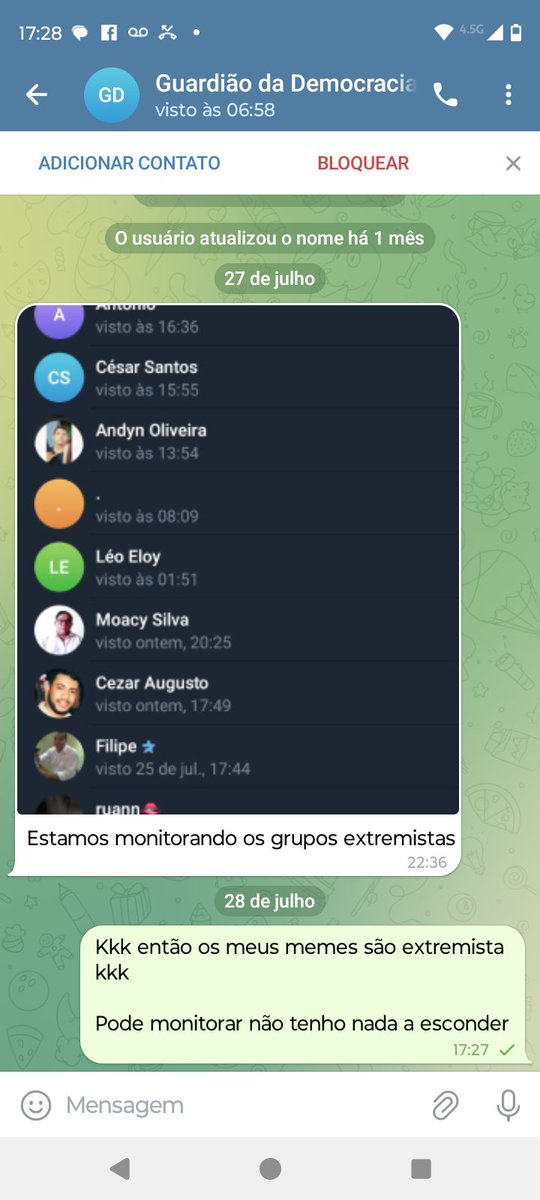 DanilodeDireita's tweet image. Um cara tentou me intimidar no telegram kkk disse ele estou monitorando grupo de extrema direita