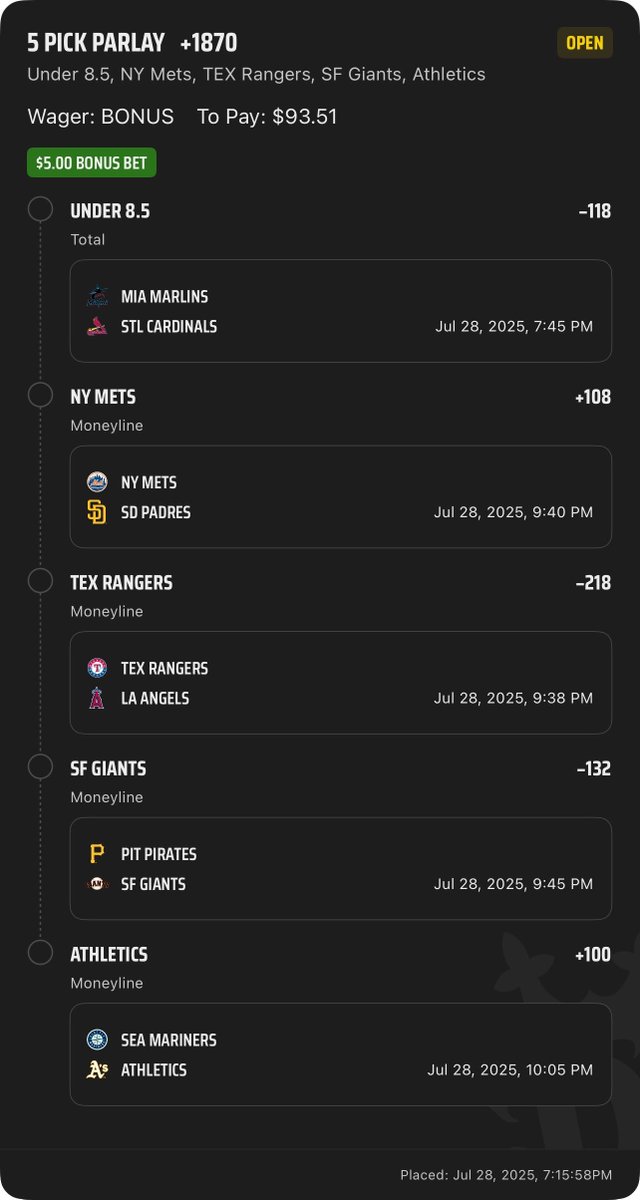 GhostEVplays's tweet image. ⚾️ DraftKings MLB Bonus Bet Play
⚾️ +1870 (FV +2303.01)
Playing: $5 Bonus Bet
#draftkings #sports #mlb #baseball