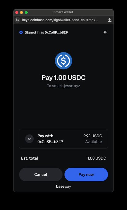 Base Pay interface showing a $1.00 USDC payment