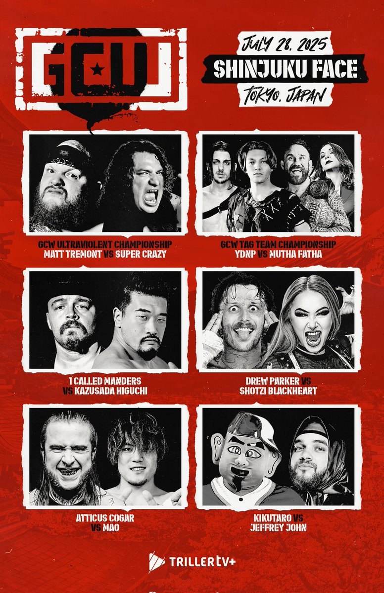 Night 1 of the 2025 #GCWJapan Tour is streaming NOW on <a href="/Triller_TV/">TrillerTV</a>+!

Join us and watch as the Summer of GCW continues when GCW returns to SHINJUKU FACE!
