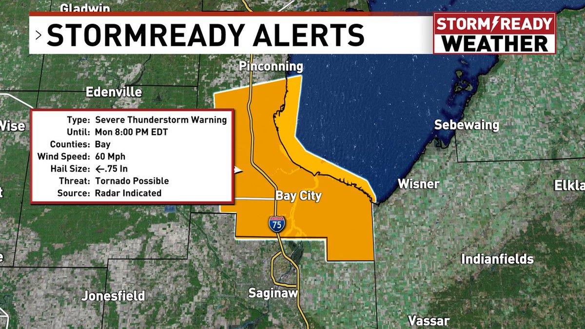 midmichigannow's tweet image. WEATHER ALERT: A Severe Thunderstorm Warning has been issued for Bay county until 7/28 8:00PM.
