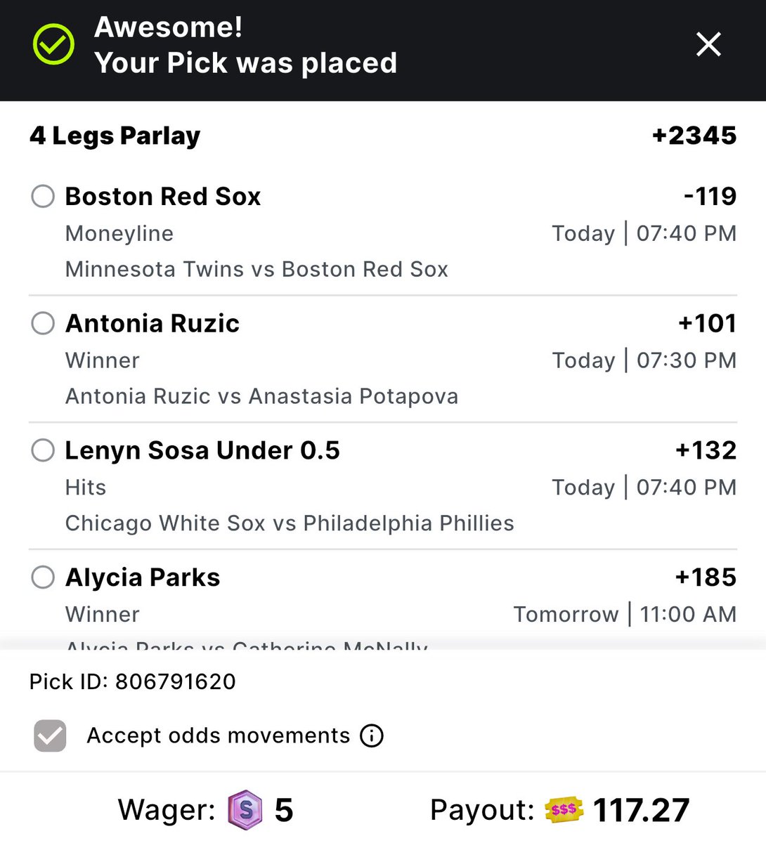 GhostEVplays's tweet image. ⚾️ Thrillzz Bonus Pick Promo
🎾 +2345 (FV +3396.04)
Playing: $5 Bonus Bet
#thrillzz #sports #mlb #tennis #atp #wta