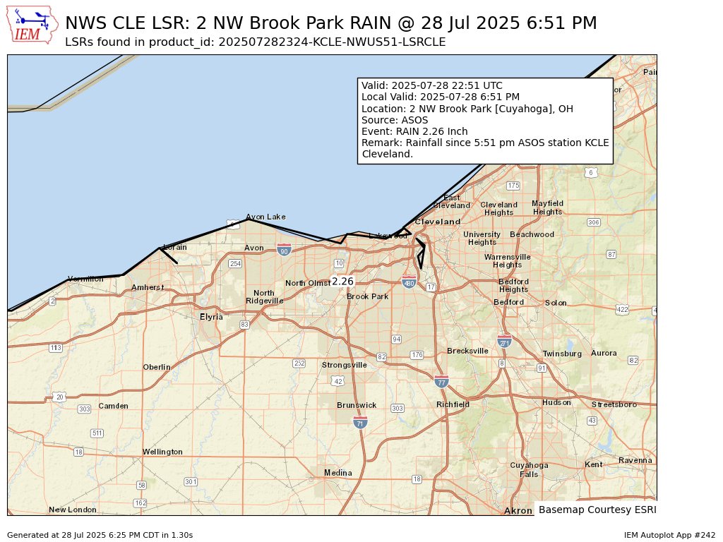 iembot_cle's tweet image. At 6:51 PM EDT, 2 NW Brook Park [Cuyahoga Co, OH] ASOS reports Rain of 2.26 Inch. Rainfall since 5:51 pm ASOS station KCLE Cleveland. #ohwx mesonet.agron.iastate.edu/lsr/?by=wfo&amp;amp;wf…