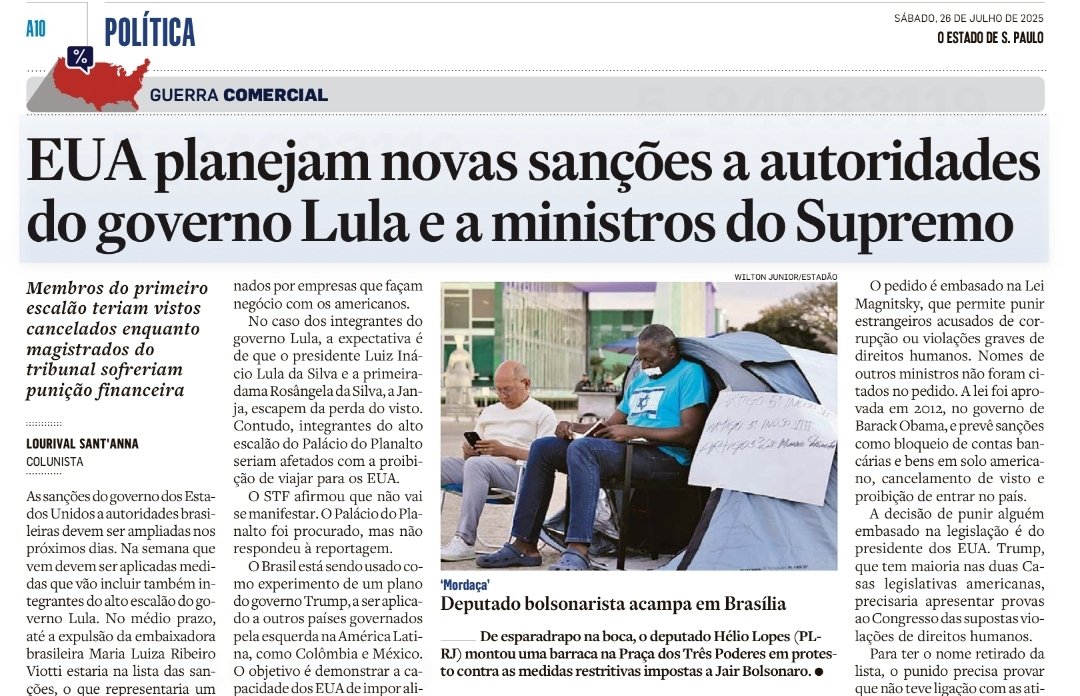 andreshalders's tweet image. Extremamente graves as informações de @lsantanna no @Estadao
Até mesmo a expulsão da embaixadora brasileira nos EUA estaria sendo cogitada, pelo que ele apurou