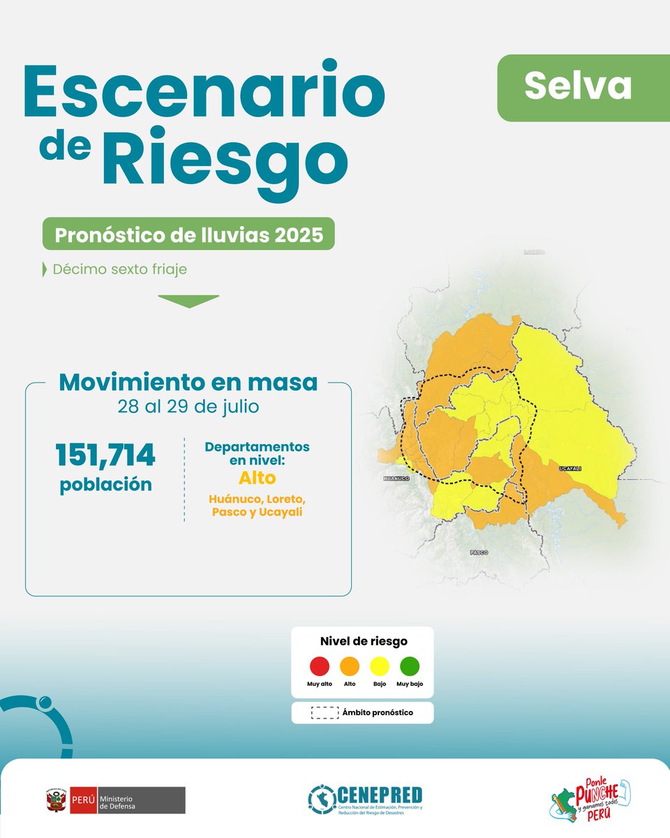 CENEPRED's tweet image. 🚨🚨🚨 Conoce el escenario de riesgo ante el pronóstico de lluvia en la selva del 28 al 29 de julio de 2025.🌧️🌴 (Décimo sexto friaje)
Escenario de riesgo ▶ tinyurl.com/3bemueb5
✅Más detalles ▶ tinyurl.com/2f3us5bd

@MindefPeru