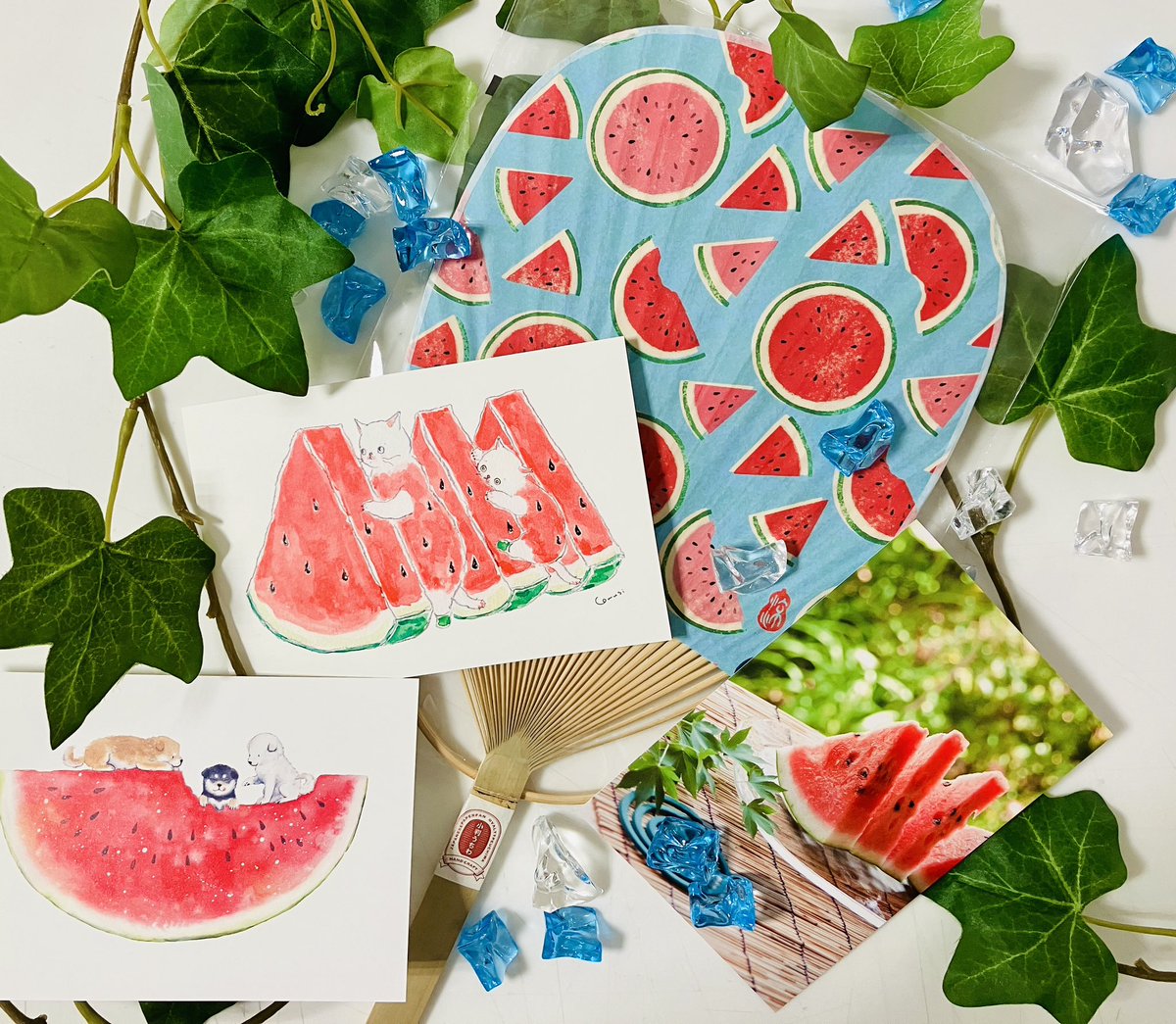 おはようございます☀本日は夜8時まで営業いたします

本日7月27日は #スイカ 🍉の日✨暑い時に食べる冷えたスイカって本当サイコォーですよね✌️
なので☝️ハンズにあるスイカのモチーフの商品集めてみましたあー😊
#うちわ #ポストカード