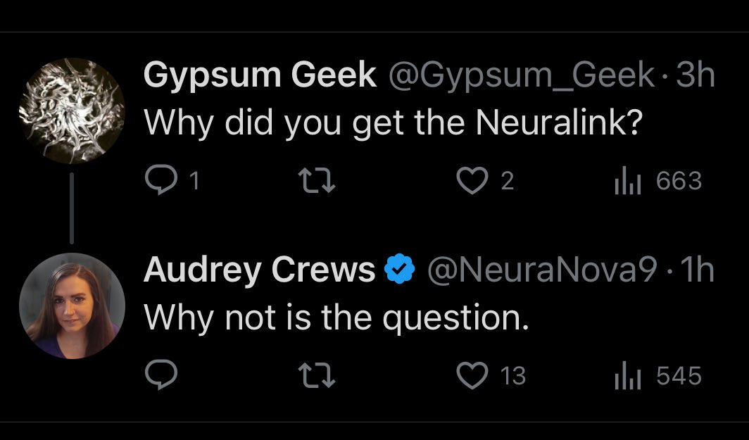 RodolfoYoshii's tweet image. Go give @NeuraNova9 (Audrey Crews) a follow, she’s Neuralink’s Patient 9 and the first woman to get the implant.
We don’t know much about her condition yet, but judging by her hand posture in one of the pics, it might be something mobility-related. She appears to have a great…