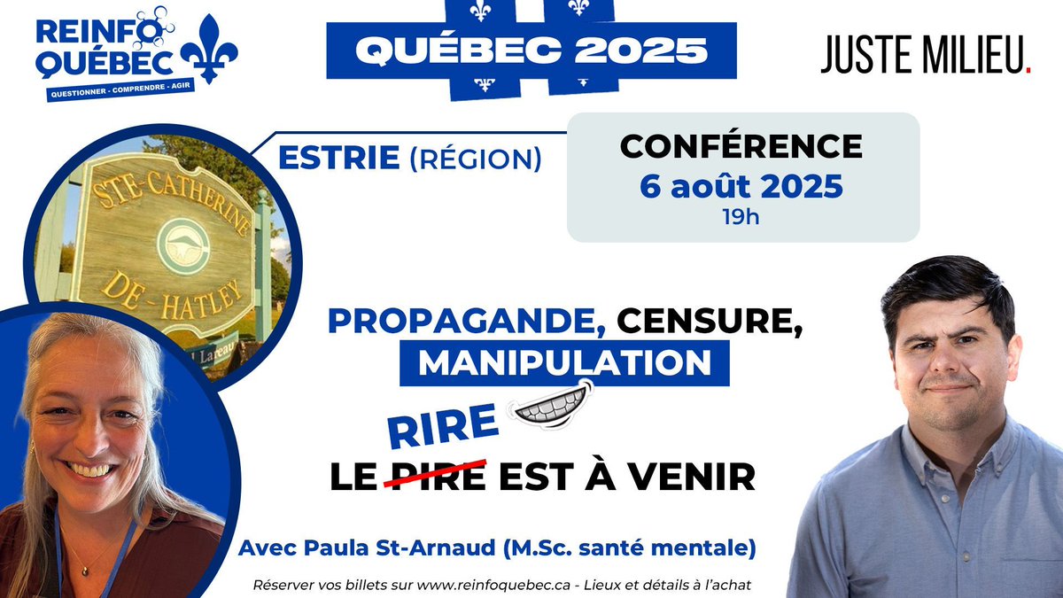 JusteMilieu3's tweet image. Mon périple au Québec commencera en Estrie le 6 août ! 🤩
Les copines, les copains, j'espère que vous avez pris vos places pour la conférence à 19 heures ! 🛑
Je sens qu'on va bien discuter avec @reinfoquebec 😉
BILLETTERIE ➡️ zeffy.com/fr-CA/ticketin…