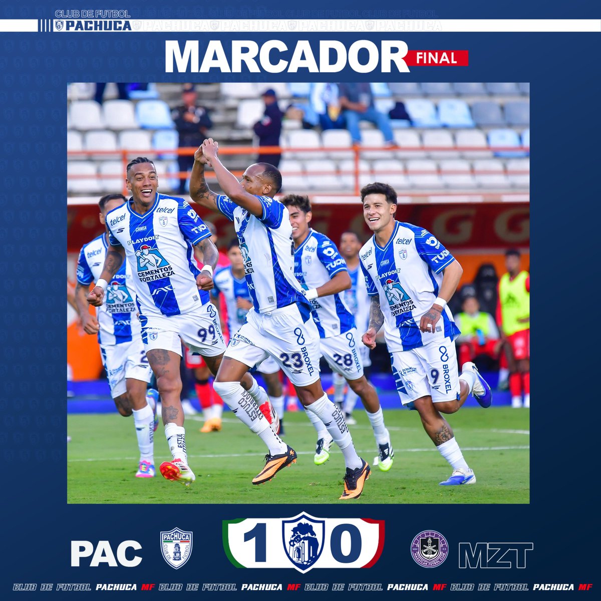 Tuzos's tweet image. ⏹️ MF | 🌪️ PACHUCA 1-0 Mazatlán ⚓️
¡SE ACABÓ! ¡TERCER TRIUNFO DEL CLUB DE FUTBOL PACHUCA EN EL TORNEO!
Por: @Telcel
#PachucaMazatlán