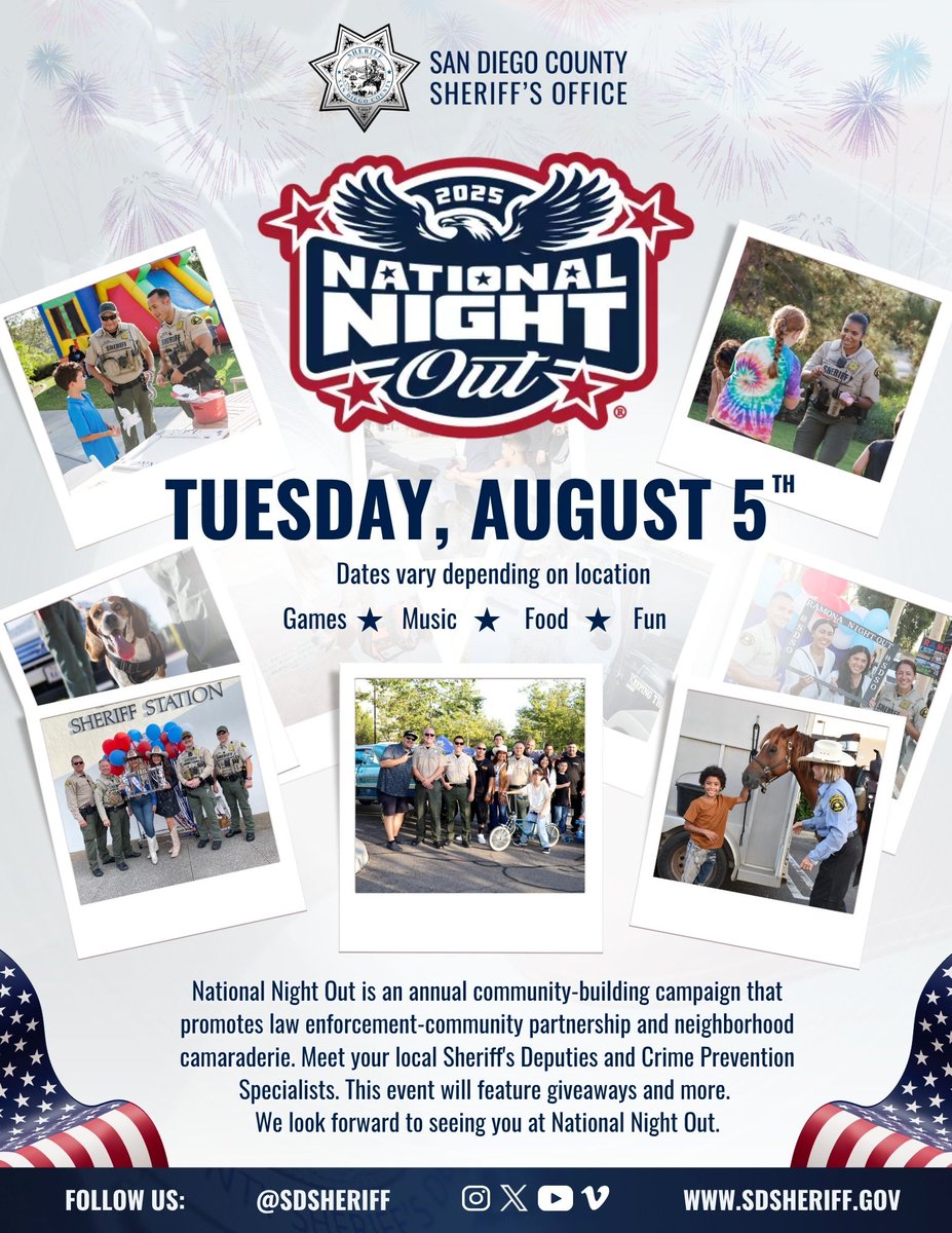 SDSheriff's tweet image. Save the date! Join @SDSheriff on Tuesday, August 5 for National Night Out. Come meet our Sheriff's Deputies, Crime Prevention Specialists, Sheriff's Specialized Units and more.
A reminder: several National Night Out events are being held on different dates other than…