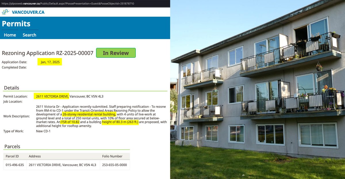 Rezoning at existing rental building site at 2611 Victoria Drive. 26-storey tower application was received by the City on Jan 17, 2025, hidden from the public during the Safeway site towers public hearing #vanpoli