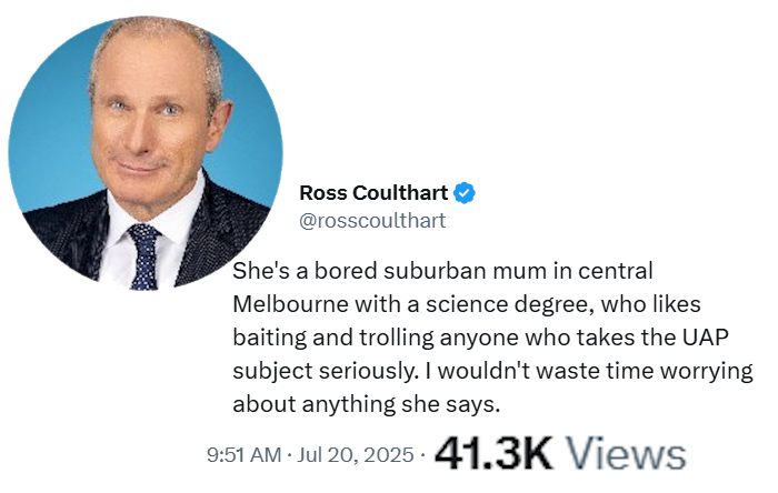 Charlie Wiser (@likeitmatters3) on Twitter photo Is <a href="/rosscoulthart/">Ross Coulthart</a> proud of this misogynistic tweet at 41K views?
Still waiting to hear how I've "baited" anyone. What I have done is pointed out where he was factually incorrect but he wants you to not worry about that.
The tweet itself is further evidence he's a crap researcher. Is <a href="/rosscoulthart/">Ross Coulthart</a> proud of this misogynistic tweet at 41K views?
Still waiting to hear how I've "baited" anyone. What I have done is pointed out where he was factually incorrect but he wants you to not worry about that.
The tweet itself is further evidence he's a crap researcher.