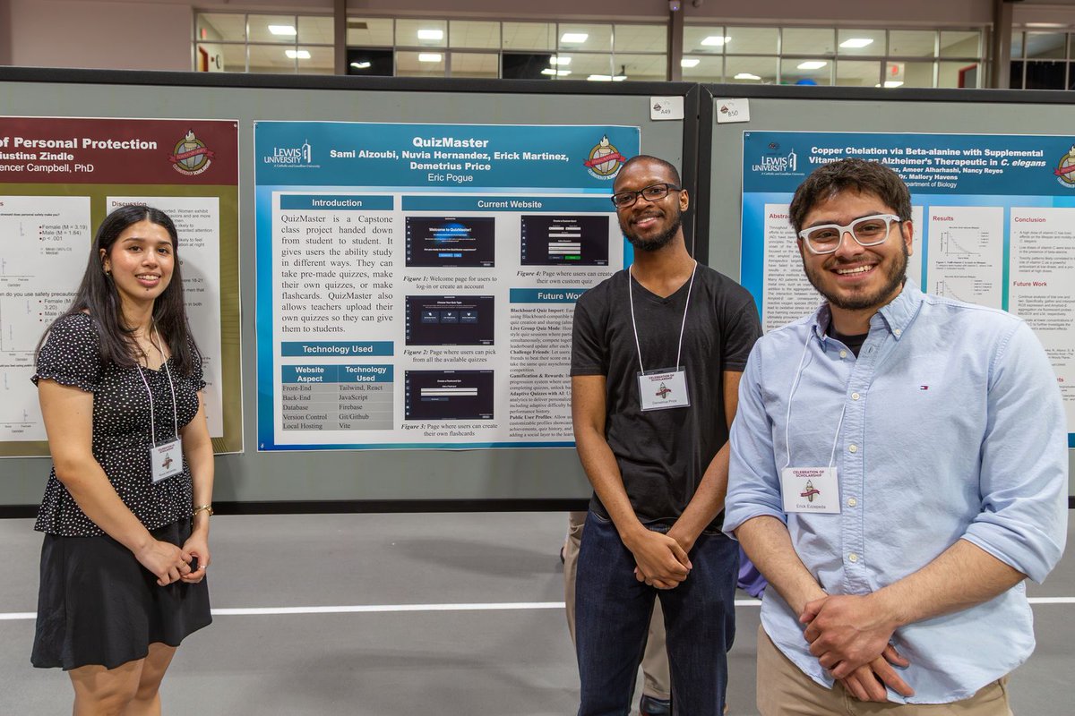 LewisUniversity's tweet image. What if we told you that studying can get easier?📚

Sami Alzoubi, Nuvia Hernandez, Erick Martinez, and Demetrius Price presented QuizMaster. 

It&apos;s a concept for a #LewisU website that would help students prepare for quizzes and tests.

Learn more bit.ly/4noCZ8Y